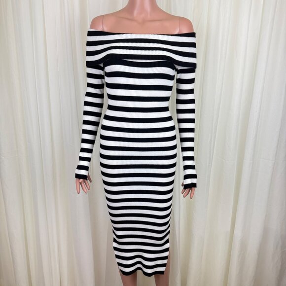 Milly Black & White Stripe Off The Shoulder Bodycon Side Split Midi Dress Size P - Picture 2 of 14